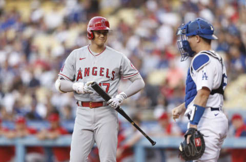 LOS ANGELES, CALIFORNIA - JUNE 14: Shohei Ohtani #17 of the Los Angeles Angels reacts while at bat during the first inning at Dodger Stadium on June 14, 2022 in Los Angeles, California. (Photo by Michael Owens/Getty Images)