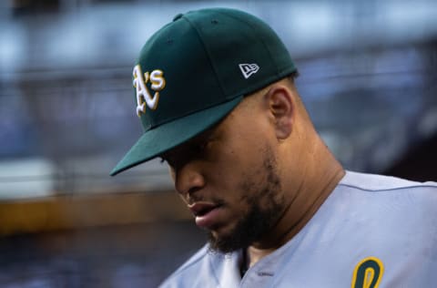 NEW YORK, NEW YORK - JUNE 28: Frankie Montas #47 of the Oakland Athletics walks out of the dugout before the start of the second inning of the game against the New York Yankees at Yankee Stadium on June 28, 2022 in New York City. (Photo by Dustin Satloff/Getty Images)