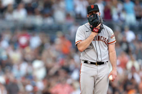 SAN DIEGO, CALIFORNIA - JULY 09: Carlos Rodon #16 of the San Francisco Giants looks on during the ninth inning against the San Diego Padres in a game at PETCO Park on July 09, 2022 in San Diego, California. (Photo by Sean M. Haffey/Getty Images)