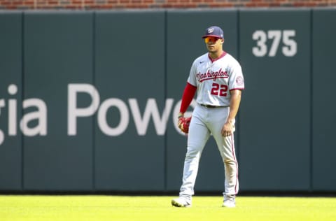 ATLANTA, GA - JULY 10: Juan Soto #22 of the Washington Nationals in action against the Atlanta Braves in the eleventh inning at Truist Park on July 10, 2022 in Atlanta, Georgia. (Photo by Brett Davis/Getty Images)