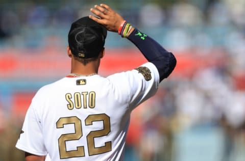 LOS ANGELES, CALIFORNIA - JULY 19: Juan Soto #22 of the Washington Nationals stands on the line during introductions before the 92nd MLB All-Star Game presented by Mastercard at Dodger Stadium on July 19, 2022 in Los Angeles, California. (Photo by Sean M. Haffey/Getty Images)