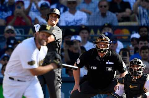 LOS ANGELES, CALIFORNIA - JULY 19: Clayton Kershaw #22 of the Los Angeles Dodgers reacts after a single by Shohei Ohtani #17 of the Los Angeles Angels in the first inning during the 92nd MLB All-Star Game presented by Mastercard at Dodger Stadium on July 19, 2022 in Los Angeles, California. (Photo by Kevork Djansezian/Getty Images)