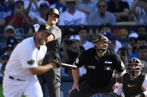 LOS ANGELES, CALIFORNIA - JULY 19: Clayton Kershaw #22 of the Los Angeles Dodgers reacts after a single by Shohei Ohtani #17 of the Los Angeles Angels in the first inning during the 92nd MLB All-Star Game presented by Mastercard at Dodger Stadium on July 19, 2022 in Los Angeles, California. (Photo by Kevork Djansezian/Getty Images)