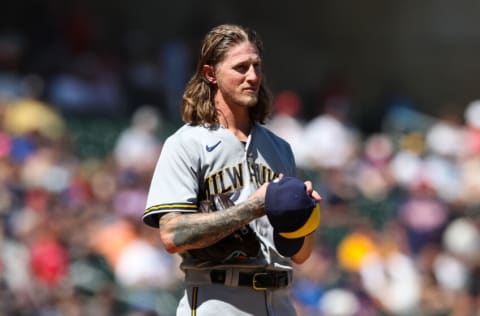 MINNEAPOLIS, MN - JULY 13: Josh Hader #71 of the Milwaukee Brewers looks on against the Minnesota Twins in the ninth inning of the game at Target Field on July 13, 2022 in Minneapolis, Minnesota. The Twins defeated the Brewers 4-1. (Photo by David Berding/Getty Images)