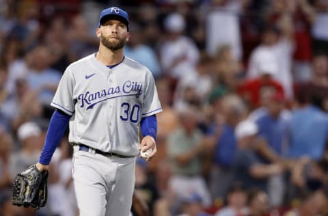 BOSTON, MASSACHUSETTS - JUNE 28: Danny Duffy #30 of the Kansas City Royals reacts after Hunter Renfroe #10 of the Boston Red Sox hit a two run home run during the fourth inning at Fenway Park on June 28, 2021 in Boston, Massachusetts. (Photo by Maddie Meyer/Getty Images)