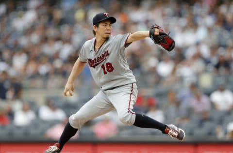 NEW YORK, NEW YORK - AUGUST 21: Kenta Maeda #18 of the Minnesota Twins pitches during the third inning against the New York Yankees at Yankee Stadium on August 21, 2021 in New York City. The Yankees defeated the Twins 7-1. (Photo by Jim McIsaac/Getty Images)