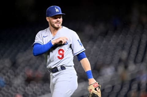 WASHINGTON, DC - MAY 23: Gavin Lux #9 of the Los Angeles Dodgers celebrates during the game against the Washington Nationals at Nationals Park on May 23, 2022 in Washington, DC. (Photo by G Fiume/Getty Images)