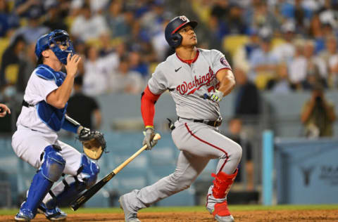 LOS ANGELES, CA - JULY 26: Juan Soto #22 of the Washington Nationals at bat in the game against the Los Angeles Dodgers at Dodger Stadium on July 26, 2022 in Los Angeles, California. (Photo by Jayne Kamin-Oncea/Getty Images)