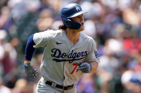 DENVER, COLORADO - JULY 31: James Outman #77 of the Los Angeles Dodgers circles the bases after hitting a two RBI home run in his Major League Baseball debut against the Colorado Rockies in the third inning at Coors Field on July 31, 2022 in Denver, Colorado. (Photo by Matthew Stockman/Getty Images)