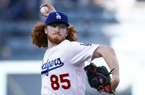 LOS ANGELES, CALIFORNIA - AUGUST 20: Dustin May #85 of the Los Angeles Dodgers throws against the Miami Marlins in the first inning at Dodger Stadium on August 20, 2022 in Los Angeles, California. (Photo by Ronald Martinez/Getty Images)