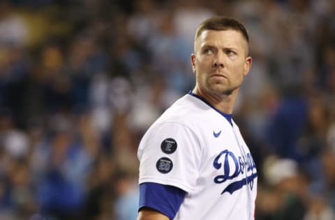 LOS ANGELES, CALIFORNIA - OCTOBER 06: Blake Treinen #49 of the Los Angeles Dodgers leaves the game in the eighth inning against the St. Louis Cardinals during the National League Wild Card Game at Dodger Stadium on October 06, 2021 in Los Angeles, California. (Photo by Sean M. Haffey/Getty Images)