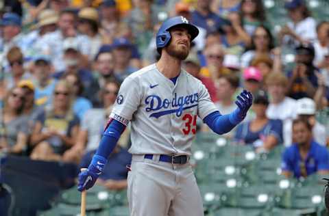 MILWAUKEE, WISCONSIN - AUGUST 18: Cody Bellinger #35 of the Los Angeles Dodgers reacts to a strike out during the fifth inning against the Milwaukee Brewers at American Family Field on August 18, 2022 in Milwaukee, Wisconsin. (Photo by Stacy Revere/Getty Images)