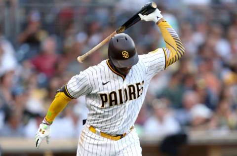 SAN DIEGO, CALIFORNIA - SEPTEMBER 05: Juan Soto #22 of the San Diego Padres reacts to flying out during the sixth inning of a game against the Arizona Diamondbacks at PETCO Park on September 05, 2022 in San Diego, California. (Photo by Sean M. Haffey/Getty Images)