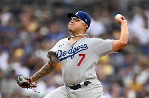 SAN DIEGO, CA - SEPTEMBER 10: Julio Urias #7 of the Los Angeles Dodgers plays during a baseball game against the San Diego Padres September 10, 2022 at Petco Park in San Diego, California. (Photo by Denis Poroy/Getty Images)