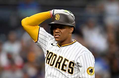 SAN DIEGO, CA - SEPTEMBER 10: Juan Soto #22 of the San Diego Padres plays during a baseball game against the Los Angeles Dodgers September 10, 2022 at Petco Park in San Diego, California. (Photo by Denis Poroy/Getty Images)