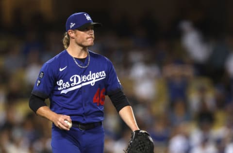 LOS ANGELES, CALIFORNIA - SEPTEMBER 22: Craig Kimbrel #46 of the Los Angeles Dodgers reacts to a Christian Walker #53 of the Arizona Diamondbacks solo homerun, to take a 2-1 lead, during the ninth inning at Dodger Stadium on September 22, 2022 in Los Angeles, California. (Photo by Harry How/Getty Images)