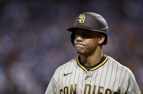 NEW YORK, NEW YORK - OCTOBER 08: Juan Soto #22 of the San Diego Padres reacts after striking out during the first inning against the New York Mets in game two of the Wild Card Series at Citi Field on October 08, 2022 in New York City. (Photo by Sarah Stier/Getty Images)