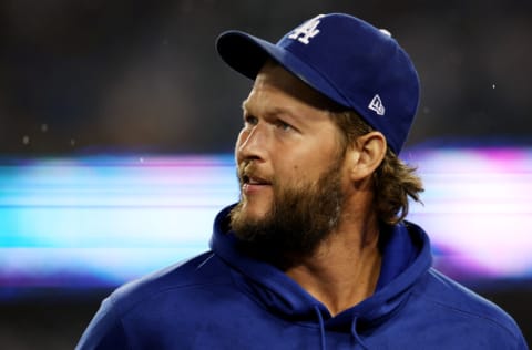 LOS ANGELES, CALIFORNIA - OCTOBER 11: Clayton Kershaw #22 of the Los Angeles Dodgers looks on during game one of the National League Division Series against the San Diego Padres at Dodger Stadium on October 11, 2022 in Los Angeles, California. (Photo by Harry How/Getty Images)