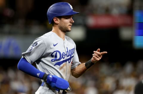 SAN DIEGO, CALIFORNIA - OCTOBER 14: Trea Turner #6 of the Los Angeles Dodgers looks on against the San Diego Padres
during the eighth inning in game three of the National League Division Series at PETCO Park on October 14, 2022 in San Diego, California. (Photo by Harry How/Getty Images)