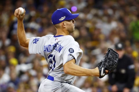 SAN DIEGO, CALIFORNIA - OCTOBER 15: Tyler Anderson #31 of the Los Angeles Dodgers pitches during the first inning against the San Diego Padres in game four of the National League Division Series at PETCO Park on October 15, 2022 in San Diego, California. (Photo by Ronald Martinez/Getty Images)