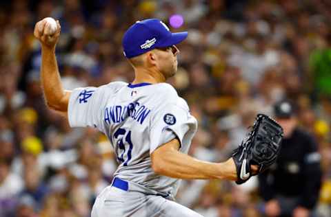 SAN DIEGO, CALIFORNIA - OCTOBER 15: Tyler Anderson #31 of the Los Angeles Dodgers pitches during the first inning against the San Diego Padres in game four of the National League Division Series at PETCO Park on October 15, 2022 in San Diego, California. (Photo by Ronald Martinez/Getty Images)