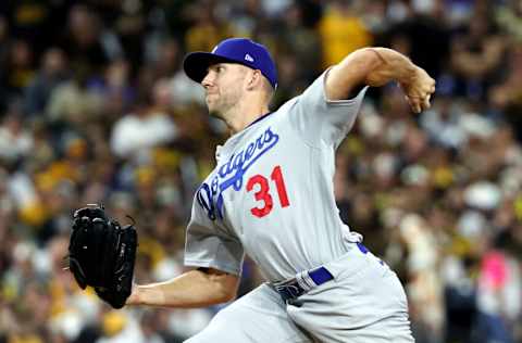 SAN DIEGO, CALIFORNIA - OCTOBER 15: Tyler Anderson #31 of the Los Angeles Dodgers pitches during the first inning against the San Diego Padres in game four of the National League Division Series at PETCO Park on October 15, 2022 in San Diego, California. (Photo by Harry How/Getty Images)