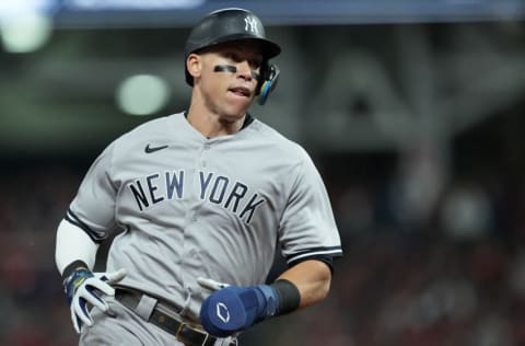 CLEVELAND, OHIO - OCTOBER 16: Aaron Judge #99 of the New York Yankees advances to third base against the Cleveland Guardians during the sixth inning in game four of the American League Division Series at Progressive Field on October 16, 2022 in Cleveland, Ohio. (Photo by Dylan Buell/Getty Images)