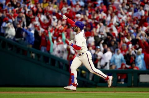 PHILADELPHIA, PENNSYLVANIA - OCTOBER 23: Bryce Harper #3 of the Philadelphia Phillies runs the bases following a two run home run against the San Diego Padres during the eighth inning in game five of the National League Championship Series at Citizens Bank Park on October 23, 2022 in Philadelphia, Pennsylvania. (Photo by Tim Nwachukwu/Getty Images)