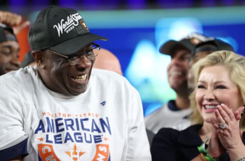 NEW YORK, NEW YORK - OCTOBER 23: Manager Dusty Baker Jr. #12 of the Houston Astros celebrates after winning game four of the American League Championship Series against the New York Yankees to advance to the World Series at Yankee Stadium on October 23, 2022 in the Bronx borough of New York City. (Photo by Elsa/Getty Images)