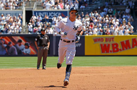 NEW YORK, NY - JUNE 29: Aaron Judge #99 of the New York Yankees hits his 29th home run of the season against the Oakland Athletics at Yankee Stadium on June 29, 2022, in the Bronx borough of New York City. (Photo by New York Yankees/Getty Images)