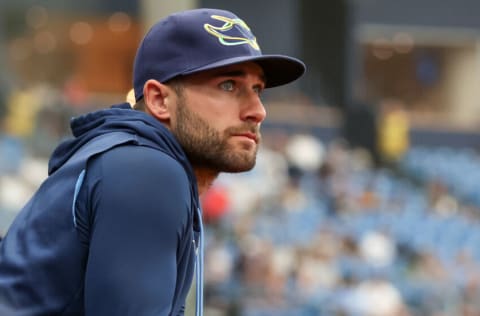 ST. PETERSBURG, FL - SEPTEMBER 25: Kevin Kiermaier #39 of the Tampa Bay Rays looks on from the bench as his team takes on the Tampa Bay Rays during a baseball game at Tropicana Field on September 25, 2022 in St. Petersburg, Florida. It is Kiermaiers last home game for the Rays. (Photo by Mike Carlson/Getty Images)