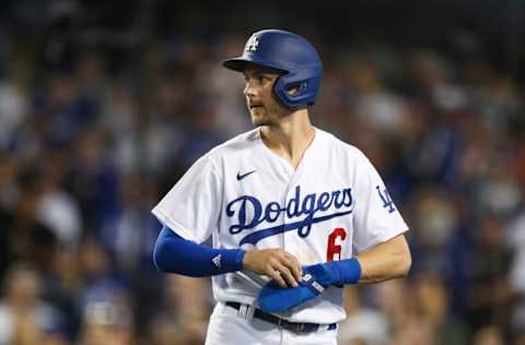 LOS ANGELES, CALIFORNIA - MAY 12: Trea Turner #6 of the Los Angeles Dodgers reacts after scoring in the sixth inning against the Philadelphia Phillies at Dodger Stadium on May 12, 2022 in Los Angeles, California. (Photo by Meg Oliphant/Getty Images)