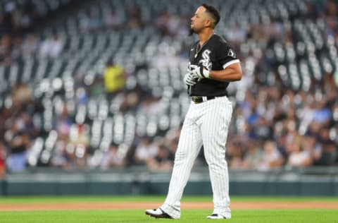 CHICAGO, ILLINOIS - AUGUST 30: Jose Abreu #79 of the Chicago White Sox reacts against the Kansas City Royals at Guaranteed Rate Field on August 30, 2022 in Chicago, Illinois. (Photo by Michael Reaves/Getty Images)