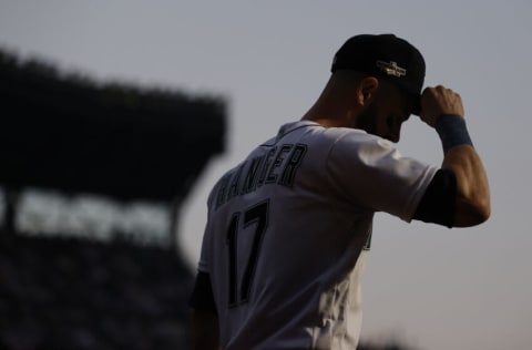 SEATTLE, WASHINGTON - OCTOBER 15: Mitch Haniger #17 of the Seattle Mariners takes the field for the sixteenth inning against the Houston Astros in game three of the American League Division Series at T-Mobile Park on October 15, 2022 in Seattle, Washington. (Photo by Steph Chambers/Getty Images)