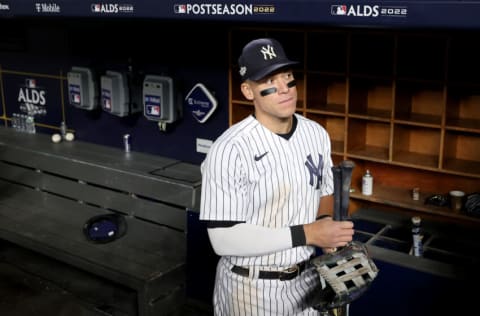 NEW YORK, NEW YORK - OCTOBER 18: Aaron Judge #99 of the New York Yankees looks on after defeating the Cleveland Guardians in game five of the American League Division Series at Yankee Stadium on October 18, 2022 in New York, New York. (Photo by Elsa/Getty Images)