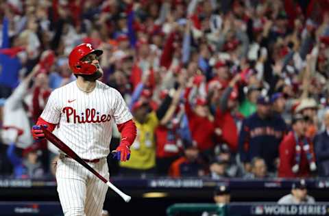 PHILADELPHIA, PENNSYLVANIA - NOVEMBER 01: Bryce Harper #3 of the Philadelphia Phillies watches his two-run home run against the Houston Astros during the first inning in Game Three of the 2022 World Series at Citizens Bank Park on November 01, 2022 in Philadelphia, Pennsylvania. (Photo by Tim Nwachukwu/Getty Images)