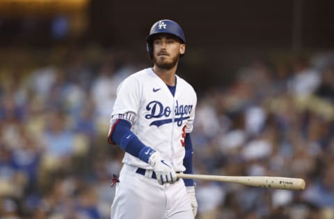 LOS ANGELES, CALIFORNIA - JULY 08: Cody Bellinger #35 of the Los Angeles Dodgers reacts after striking out against the Chicago Cubs during the second inning at Dodger Stadium on July 08, 2022 in Los Angeles, California. (Photo by Michael Owens/Getty Images)