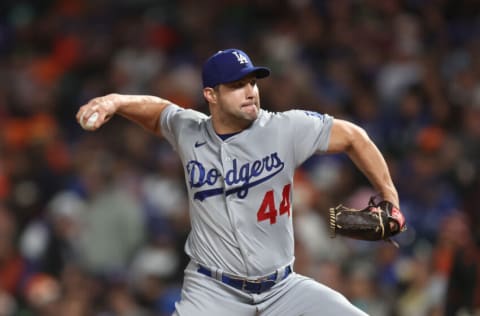 SAN FRANCISCO, CALIFORNIA - SEPTEMBER 17: Tommy Kahnle #44 of the Los Angeles Dodgers pitches against the San Francisco Giants at Oracle Park on September 17, 2022 in San Francisco, California. (Photo by Lachlan Cunningham/Getty Images)