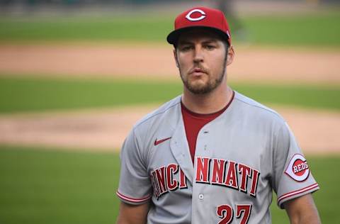 Aug 2, 2020; Detroit, Michigan, USA; Cincinnati Reds starting pitcher Trevor Bauer (27) during the fourth inning against the Detroit Tigers at Comerica Park. Mandatory Credit: Tim Fuller-USA TODAY Sports