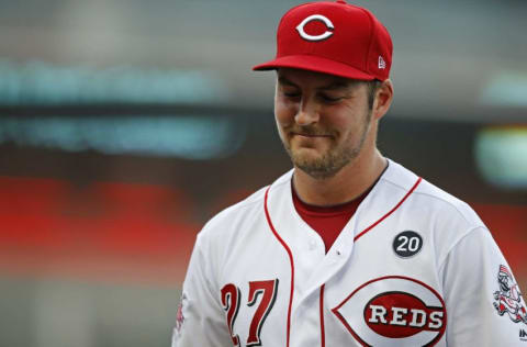 Cincinnati Reds starting pitcher Trevor Bauer (27) smiles as he returns to the dugout after the first inning against the San Diego Padres at Great American Ball Park on Monday, Aug. 19, 2019.
San Diego Padres At Cincinnati Reds