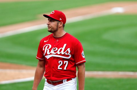 Sep 14, 2020; Cincinnati, Ohio, USA; Cincinnati Reds starting pitcher Trevor Bauer (27) leaves the game in the seventh inning against the Pittsburgh Pirates during Game One of a doubleheader at Great American Ball Park. Mandatory Credit: David Kohl-USA TODAY Sports