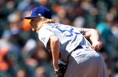 May 23, 2021; San Francisco, California, USA; Los Angeles Dodgers pitcher Phil Bickford (52) looks for the sign during the eighth inning against the San Francisco Giants at Oracle Park. Mandatory Credit: D. Ross Cameron-USA TODAY Sports