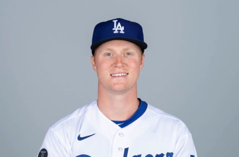 Mar 1, 2021; Glendale, AZ, USA; Los Angeles Dodgers Kody Hoese (63) poses during media day at Camelback Ranch. Mandatory Credit: MLB Photos via USA Today Sports