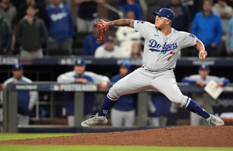 Los Angeles Dodgers pitcher Julio Urias pitching against the Atlanta Braves Mandatory Credit: Dale Zanine-USA TODAY Sports