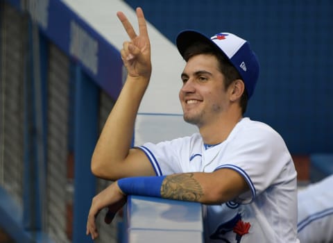 Jul 17, 2020; Toronto, Ontario, Canada; Toronto Blue Jays infielder Jordan Groshans (86) gestures to a team mate during an intra-squad game at Rogers Centre. Mandatory Credit: Dan Hamilton-USA TODAY Sports