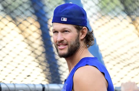 Oct 11, 2021; Los Angeles, California, USA; Los Angeles Dodgers pitcher Clayton Kershaw (22) before game three of the 2021 NLDS against the San Francisco Giants at Dodger Stadium. Mandatory Credit: Gary A. Vasquez-USA TODAY Sports