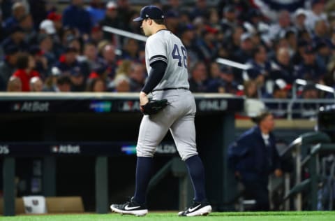 Oct 7, 2019; Minneapolis, MN, USA; New York Yankees relief pitcher Tommy Kahnle (48) leaves the game during the fifth inning of game three of the 2019 ALDS playoff baseball series against the Minnesota Twins at Target Field. Mandatory Credit: David Berding-USA TODAY Sports