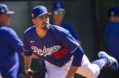 Mar 14, 2022; Glendale, AZ, USA; Los Angeles Dodgers pitcher Andrew Heaney during spring training workouts at Camelback Ranch. Mandatory Credit: Mark J. Rebilas-USA TODAY Sports