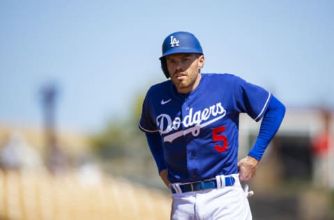 Mar 22, 2022; Phoenix, Arizona, USA; Los Angeles Dodgers first baseman Freddie Freeman against the Cincinnati Reds during a spring training game at Camelback Ranch-Glendale. Mandatory Credit: Mark J. Rebilas-USA TODAY Sports