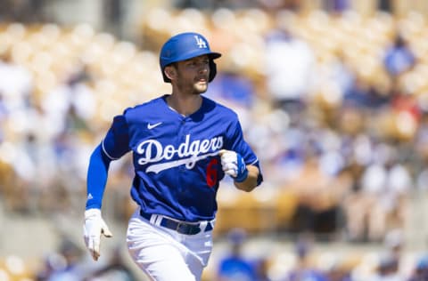 Mar 22, 2022; Phoenix, Arizona, USA; Los Angeles Dodgers shortstop Trea Turner against the Cincinnati Reds during a spring training game at Camelback Ranch-Glendale. Mandatory Credit: Mark J. Rebilas-USA TODAY Sports